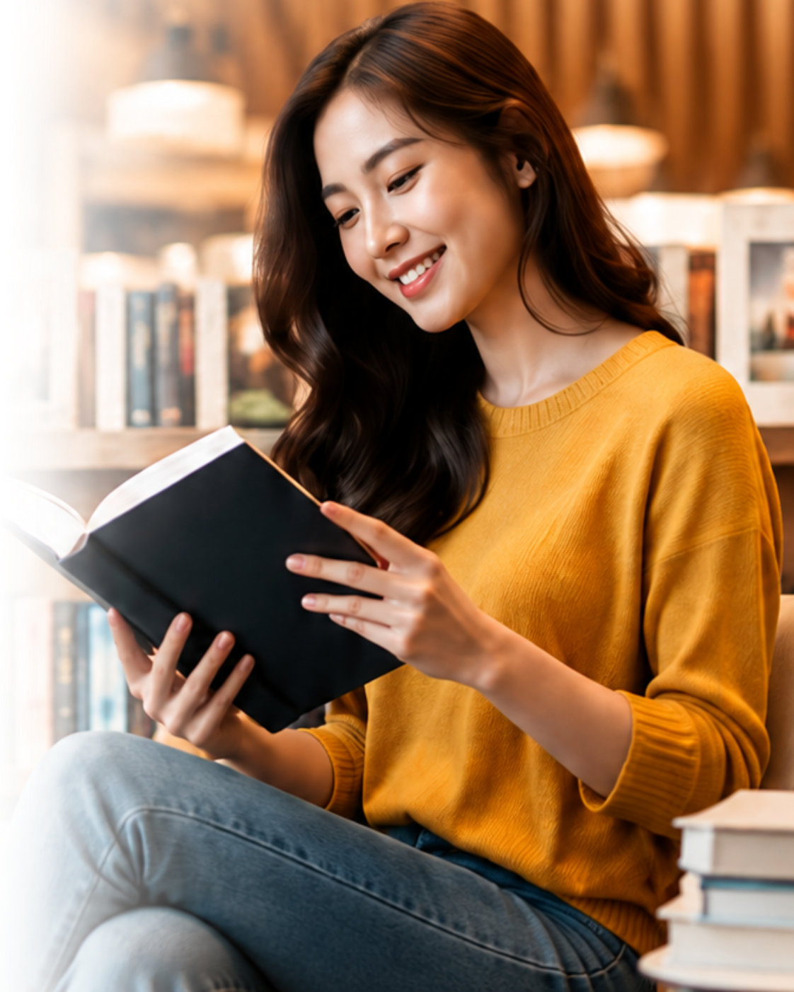 Perempuan membaca buku di Master Book Store